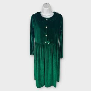 Girls Green Velvet Holiday Dress Size 14 Long Sleeve Pearl Button Christmas